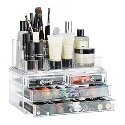 Imagen de Relaxdays Organizador Maquillaje con 4 cajones, Fibra acrílica, Transparente, 19 x 23,5 14 cm, 185x71x90 cm