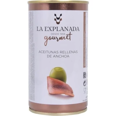 Imagen de LA EXPLANADA GOURMET Aceitunas rellenas DE anchoa 350 g. formato lata [PACK 15 UNIDADES] Cazorla Peso neto escurrido 150g