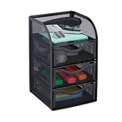 Imagen de Relaxdays Organizador de Escritorio Pequeño con Cajones, Metal, Negro, 21 x 12.5 13 cm