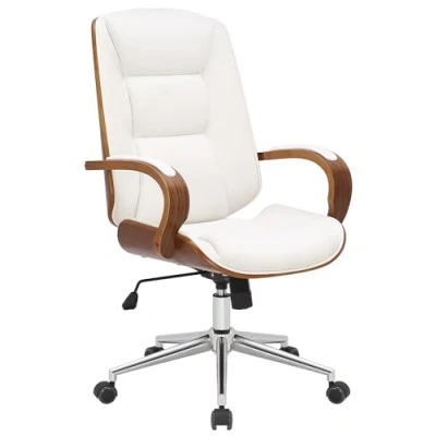 Imagen de CLP Silla De Oficina Yankton En Polipiel &amp; Madera Curvada I Sillón Ejecutivo Giratorio con Reposabrazos Base Metálica, Color:Nuez/Blanco
