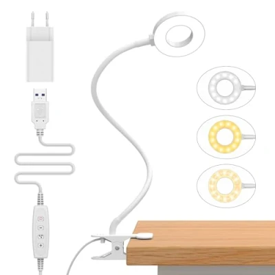 Imagen de iZELL 23 LED Luz Lectura con Clip [3 Colores y 10 Brillos] Flexo Escritorio Pinza, 70CM Lámpara de Mesa pare Estudio Trabajo Leer Lámparas Regulable Cuello Cisne Blanco