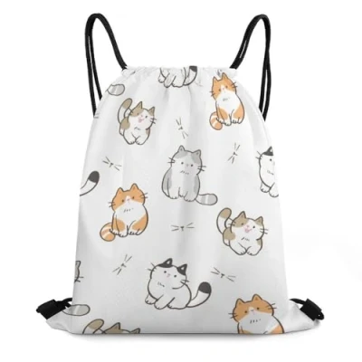 Imagen de Zhimahou Bolsa de gimnasio con cordón, diseño gato dibujos animados, Mochila deportiva cordón para mujeres y hombres, impermeable, viajes, playa, escuela,