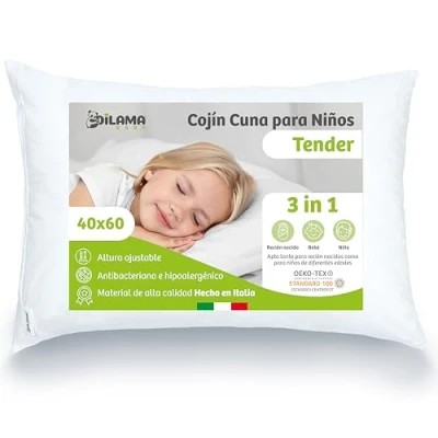 Imagen de Dilamababy Almohada Infantil Ajustable 2 3 Años Algodón Percal Hipoalergénico para Cunas 60x120 cm Cuna Bebé Blanco 100%