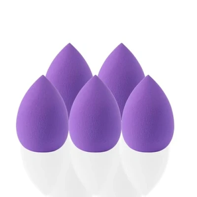 Imagen de G4GADGET 5 esponjas de maquillaje moradas, mezcladoras belleza sin látex, juego suaves para líquido, crema y polvo, uso húmedo seco, aplicación impecable todo tipo