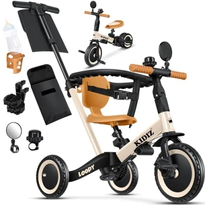 Imagen de KIDIZ® 6en1 Bicicleta de Balance, Triciclo para niños 1 año a 5 Años, Capacidad Carga hasta 25kg, Incl. Manillar/Barra Seguridad/Cinturón Seguridad/Timbre/Espejo, Beige