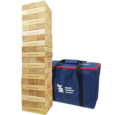 Imagen de Jac &amp; Mok Juego de bloques madera torre gigante, juegos apilables con bolsa transporte (torre gigante caída 60 piezas)