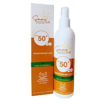 Imagen de SANIS, Protector Solar 50, Spray Corporal Protección SPF Factor de UVA Y UVB, Resistente al Agua, Aloe Vera Vitamina E, 250 ML (SANIS SUN con CITRONELA)