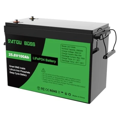 Imagen de DATOUBOSS Batería de Litio LiFePO4 24V 100Ah, BMS Integrado 100A, hasta 15 000 Ciclos Profundos, Salida Máxima 2560Wh, Compatible con Conexión en Serie/Paralelo, para Camper, Sistema Solar