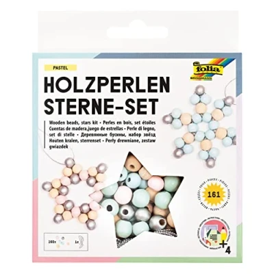 Imagen de folia 22522 Juego de cuentas madera y estrellas pastel con 160 bolas una cuerda plateada para enhebrar, manualidades colgantes
