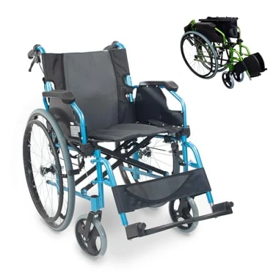Imagen de Mobiclinic®, Silla de ruedas, Bolonia, plegable y ligera, Aluminio, Con Respaldo partido, Reposapiés desmontables, Reposabrazos abatibles, ruedas para adultos, Azul