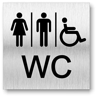 Imagen de Cartel para puerta de baño hombre y mujer con discapacitados, impresión UV, 12 x cm, compuesto aluminio 3 mm, fabricado en Alemania