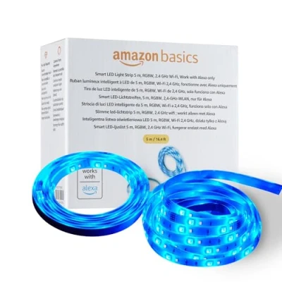 Imagen de Amazon Basics Tira de luz LED inteligente 5 m, RGBW, wifi 2,4 GHz, funciona solo con Alexa, Multicolor