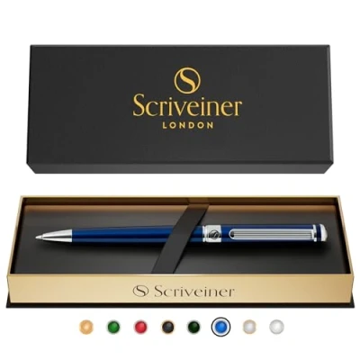 Imagen de Scriveiner Bolígrafo Midnight Blue, Magnífico Ballpoint Deluxe Cromado Azul Oscuro Noche, Recambio Negro Schmidt, Perfecto para Regalar a Hombres, Mujeres y Ejecutivos