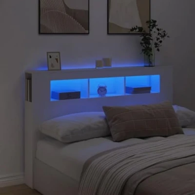 Imagen de vidaXL Cabecero con LED, Cabecera Almacenaje, Cabezal de Cama, para Dormitorio, Madera Ingeniería Blanco 160x18,5x103,5 cm