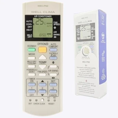 Imagen de Wellclima Mando a Distancia Universal específico para Aire Acondicionado Panasonic National, Compatibilidad Total con Bomba de Calor Inverter, Instrucciones Multilingües, Listo Usar en Segundos