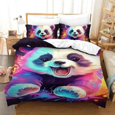 Imagen de Impreso En 3D Panda Juego De Ropa Cama Infantil Microfibra Suave Funda Edredón Fundas Almohada 3 Piezas Cremallera Oculta Single（140x200cm）