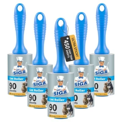Imagen de MR.SIGA Removedor de Vello para Mascotas con Rodillo Pelusa Extra Adhesivo Hojas fáciles rasgar, 450 en Total, Paquete 5, Azul