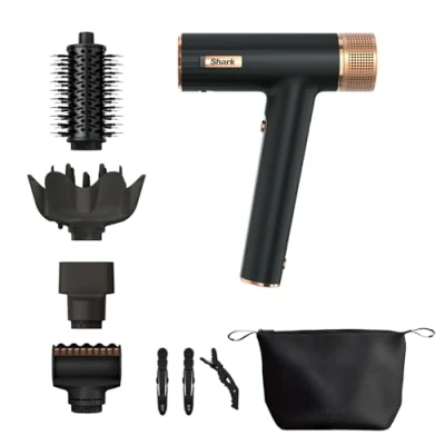 Imagen de Shark SpeedStyle Secador de pelo y RapidGloss Finisher para todo tipo cabello, 5 moldeadores, estuche pinzas, secado rápido, reduce encrespamiento, sin daño por calor, negro/cobre,HD353BKEU