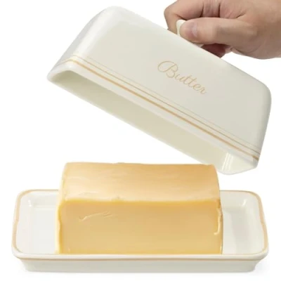 Imagen de Navaris Mantequera Ceramica con Tapa Vintage Recipiente Mantequilla y Queso de 20,5 x 12,5 9,5 cm Apto lavavajillas microondas