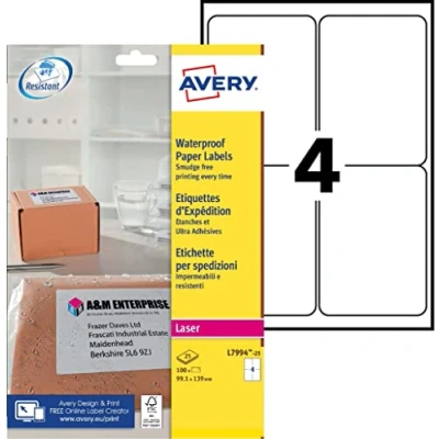 Imagen de Avery L7994 25 Etiquetas blancas para direcciones (4 por hoja, 99,1 x 139 mm, 100 unidades, impresoras láser)
