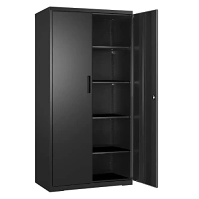 Imagen de SONGMICS Armario de Almacenamiento Acero, Multiuso, con 5 Baldas, Puertas Dobles, Cerradura, Armaio Herramientas, Baldas Ajustables, para Garaje, Estudio, Negro OMC015B01