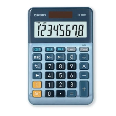 Imagen de CASIO Calculadora de Mesa MS 88EM, 8 dígitos, conversión divisa, Cost/Sell/Margin, Frontal Aluminio, Funcionamiento con energía Solar/batería