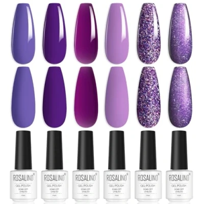 Imagen de ROSALIND Esmaltes Semipermanentes Para Uñas en Gel UV LED, 6 Colores Lila Morado Oscuro Glitter Púrpura Lavanda Pintauñas Principiantes Manicura