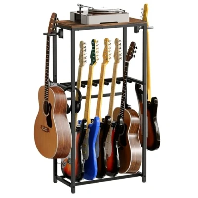 Imagen de MAHANCRIS Soporte de Guitarra, Estantería para 5 Guitarras Dos Niveles, Guitarra Acústica, Eléctrica, Bajo, Ukelele, Banjo, Revestimiento Protector EVA, Marrón AGSHR6501