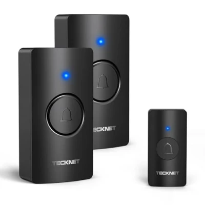 Imagen de TECKNET timbre inalámbrico IP55, impermeable, funciona con pilas, kit de hasta 1300 pies largo alcance 60 melodías y volumen 5 niveles, flash LED, duración la