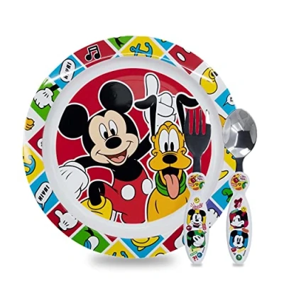 Imagen de Sorrisini Vajilla infantil para niños y bebés Mickey Mouse reutilizable apta microondas Juego de desayuno 2 cubiertos, tenedor, cuchara acero inoxidable plato sin BPA
