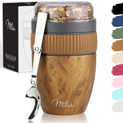 Imagen de Milu Taza para muesli to go 400ml acero inoxidable I Vaso con 2 Partes sopas ensaladas Pasta yogur postres aso de a prueba derrames cuchara (Aspecto madera)