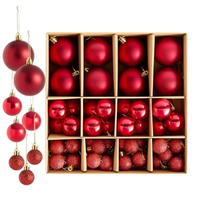 Imagen de THE TWIDDLERS Paquete de 50 Bolas Navidad Rojo Rubí Tamaños y Acabados Variados 6cm, 4cm, 3cm Adornos Mate, Brillantes con Brillo para Decoraciones Árbol