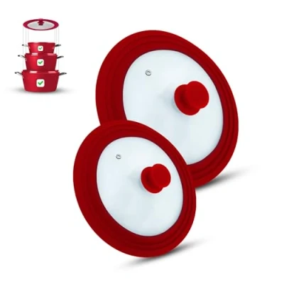 Imagen de M.S.N Juego de 2 tapas universales cristal, piezas, ollas y sartenes 16/18/20 cm 24/26/28 cm, con válvula escape borde silicona, color rojo,