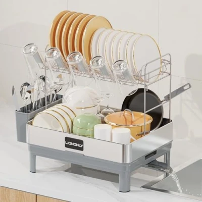 Imagen de LIONONLY Escurridor de Platos 2 Niveles,Acero Inoxidable Escurreplatos con Bandejas Goteo, Soporte Cubiertos,Estante Tazas und Puerta Boquilla Giratoria,Escurreplatos sobre Fregader