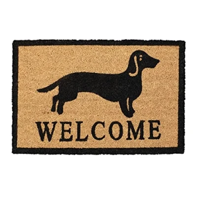 Imagen de Relaxdays Felpudo Coco, Perro Salchicha, 60x40 cm, Base Goma, Alfombrilla Puerta Resistente, Negro y Natural