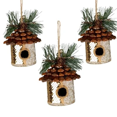 Imagen de 3 Casas de pájaros Lentejuelas Doradas 10 x 11 cm, Decoraciones Colgantes para árbol Navidad, Adornos Decorativos Festivos, Navidad con temática Cuento Hadas
