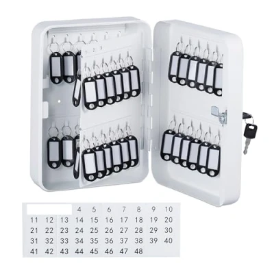 Imagen de Relaxdays Caja Cuelga Llaves, con Cerradura, 48 Ganchos, 25x18x8 cm, Portallaves Hierro y Plástico, Blanco