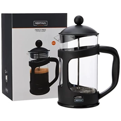 Imagen de Nerthus FIH 320 Cafetera Francesa de émbolo, PP, Vidrio borosilicato y SS, Negro, 800 ml
