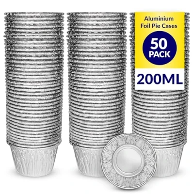 Imagen de ebake Moldes Desechables Reposteria (200ml) Paquete de 50 Horno Reutilizables Aluminio para Freidora Aire Molde Flan Horneado Muffins, Tartas y Pudding