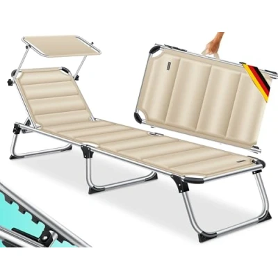 Imagen de KESSER® Tumbona Sun con Parasol de jardín Techo Plegable Respaldo Ajustable, ergonómico Silla portátil Playa Superficie Reposo Acolchada Beige