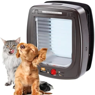 Imagen de Ferplast Gatera con Microchip, Puerta para Gatos y Perros Pequeños, Collar Incluido, Entrada Salida controlables 4 vías, Protección contra Corrientes de Aire, Swing Microchip Tamaño Mediano, Marrón