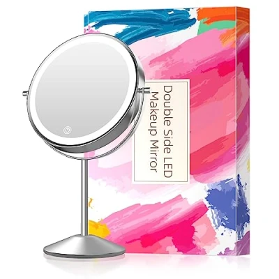 Imagen de FUNTOUCH Espejo Maquillaje con Luz, USB Recargable Tocador 1X/10X Aumento, 20CM Diámetro, Iluminación de 3 Colores, Rotación 360 , Grande Doble Cara Mesa