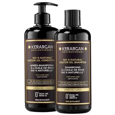 Imagen de Kerargan Dúo Anti Caída Champú &amp; Acondicionador con Aceite de Ricino para Cabello Seco, Quebradizo, Desvitalizado Favorece el Crecimiento Sin Sulfatos, Silicona, GMO 2x500 ml