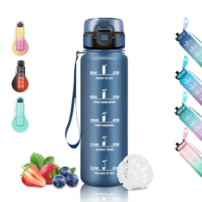 Imagen de Botella Agua 1 litro Gimnasio, Reutilizable con Filtro, Cantimplora Marca de Tiempo, Gym, A Prueba Fugas, para Yoga, Ciclismo, Correr, Azul Marino
