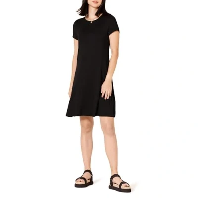 Imagen de Amazon Essentials Vestido con Vuelo de Manga Corta y Cuello Redondo Amplio (Disponible en Tallas Grandes) Mujer, Negro, M