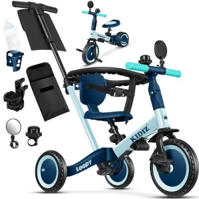 Imagen de KIDIZ® 6en1 Bicicleta de Balance, Triciclo para niños 1 año a 5 Años, Capacidad Carga hasta 25kg, Incl. Manillar/Barra Seguridad/Cinturón Seguridad/Timbre/Espejo, Azul