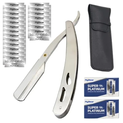 Imagen de Neoreser Navaja Afeitar, de Afeitar Hombre, Barbero para Barba + 20 Medias Cuchillas Dobles con Estuche Cuero, Cuchilla Hombre