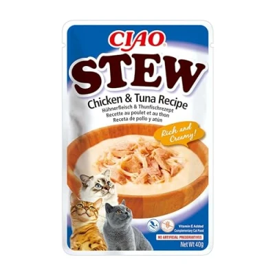 Imagen de INABA Churu Stew Guiso para Gatos Snacks Receta Pollo/Atún Premios Ricos y Cremosos Sin Cereales, Conservantes, Colorantes Pocas Calorías 40g