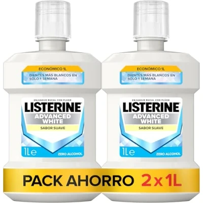 Imagen de Listerine Advanced White Sabor Suave (pack de 2 x 1L), enjuague bucal blanqueador, colutorio blanqueador sin alcohol, elixir para una limpieza óptima