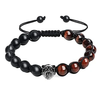 Imagen de COAI Pulsera de Cuentas Piedra Ónix y Ojo Tigre Rojo Natural, Ajustable para Hombre Hecha a Mano con Dije León